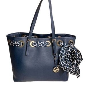 Michael Kors dark blue jet set polka dot scarf tote bag RARE
